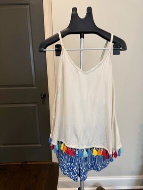 Judith March Tassel Trim Romper Cream Cami Blue Patterned Shorts Boho